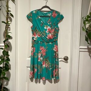Dress barn Teal and Pink Floral cherry blossom v neck Midi Dress
